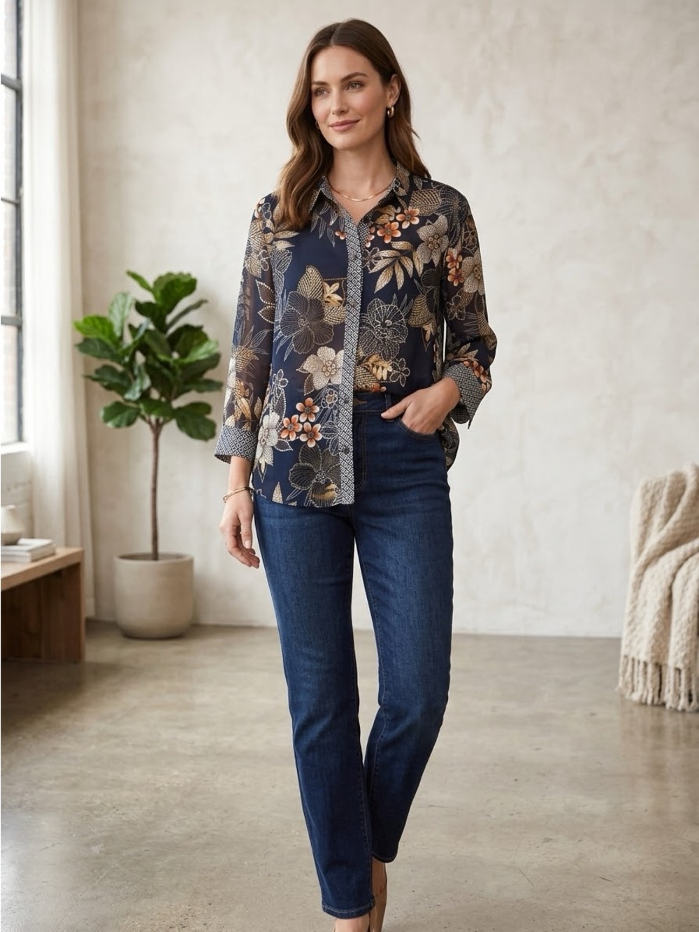 Alfred Dunner Floral Button Front Sheer Blouse Size 18 Shoulder Pads
